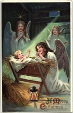c1910 MERRY CHRISTMAS NATIVITY BABY JESUS ANGELS EMBOSSED POSTCARD 39-235 picture