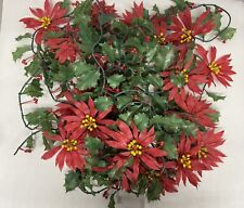 Vtg Christmas Plastic Holly Garland Large Poinsettias Tacky Kitschy 70s 32Ft picture