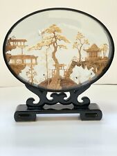 Vintage Chinese Cork Art in Black Laquer Glass Display 11.5