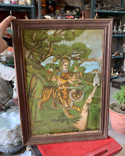 Antique Old Hindu Religious Goddess Ambaji Lithograph Print Framed 15.5x11.5