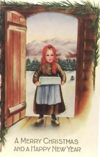 Antique Vtg Whitney Christmas New Year Postcard Embossed Young Girl Gift Winter  picture