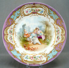 Sevres Style Lebrun Hand Painted Watteau Scene Raised Gold Floral Charger Plate picture