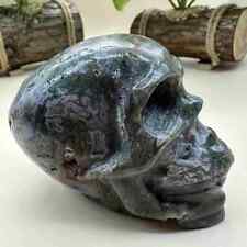 460g Natural pink moss agate carved skull quartz crystal healing decor gift picture