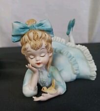 Lefton China Vintage Porcelain Blue Bisque Girl with Yellow Bird KW 3757  picture