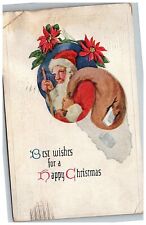 c1912 Postcard Santa Claus Happy Christmas Best Wishes Sack Poinsettias picture