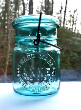 Antique Banner Trade-Mark Wide Mouth Bail Wire Mason Jar Pat 1908 Blue Rare 20oz picture