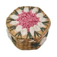 VTG Woven Natural Straw Basket Lid Embroidered Pink White Raffia Flowers Hexagon picture