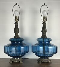 Pair Vintage MCM Blue Art Glass Table Lamps Optic Hollywood Regency Falkenstein picture