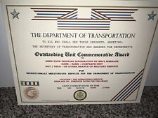 D.O.T. OUTSTANDING UNIT AWARD COMMEMORATIVE CERTIFICATE ~ TYPE-2 / W/PRINTING picture