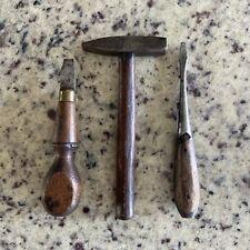 Antique Set 3 Small Wood Carving Tools Chisels Hammer Wood Handles picture