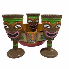 Tiki God Flowers Colorful Luau Hard Plastic Bowl And 3 Wine Glasses picture