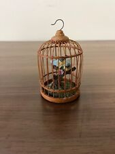 Vintage Enesco Decorative Bamboo Hanging Cage with 2 Ceramic Birds Blue Small picture