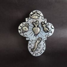 Tin Milagros Cross Sacred Heart Milagro Carved Wood Handmade Mexican Folk Art picture
