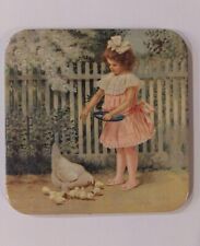 Girl Feeding Chicken/Chicks Coasters with Wood Holder Vtg. Yesterboard by Legacy picture