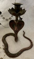 Vintage Solid Brass Ornate Cobra Snake Candle Holder With Red Coloring - LARGE picture