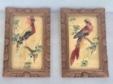 Vintage Folk Art 2 Bird Paintings Real Feathers Made in Mexico Carved Frame 8X5 picture