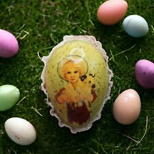 Antique Paper Mache Decoupage Green Easter Egg Lace Trim Boy With Goat picture