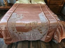 Vintage Antique Pink Satin Single Twin Bedspread Bolster 8 Pieces Embroidered  picture