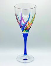 VENETIAN CARNEVALE WINE GLASS - BLUE STEM - HAND PAINTED CRYSTAL picture