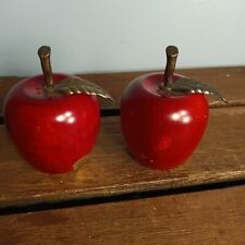 Wooden Red Apple Salt & Pepper Shakers, Metal Stem & Leaf, 3.5