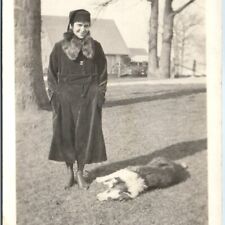 c1920s Woman w/ Cute Happy Collie Dog RPPC Winter Coat Photo Farm Barn Vtg A156 picture