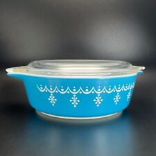 Vtg Pyrex 1 Pint Snowflake Garland Blue Casserole Dish 471 w/ Original Lid 470 C picture