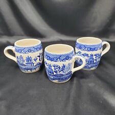 Set 3 Blue Willow Flow Blue Coffee Cup Mugs Restaurant Ware Japan 8oz Vintage picture