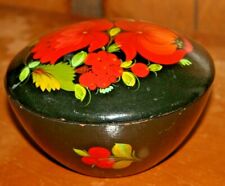 Vintage wooden bowl hand painted red flowers and cherries with lid trinket box picture