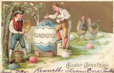 c1910 Boys Painting Huge Egg Hens Greetings Paint Palette Easter P154 picture