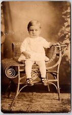 Infant Baby Child Photograph White Dress on Rattan Chair Postcard picture