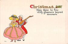 Colonial Man With Mandolin Serenades Lady-Old Art Deco Christmas Postcard-7004 picture