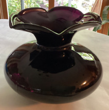 Vintage Black Amethyst Vase Pressed Glass Spittoon Style Scalloped Rim picture