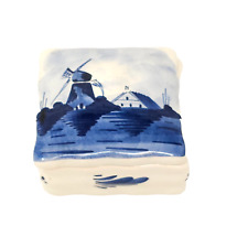 Vintage Delft Blue Hand Painted Windmill Floral  Trinket Box w/lid Holland Dutch picture