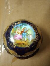 DRESDEN COBALT BLUE AND GOLD PORCELAIN FOOTED TRINKET BOX WITH VICTORIAN SCENE picture