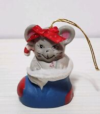 Vintage Holly Bells Christmas Ornament Giftco Mouse In Stocking Chiming Ceramic  picture