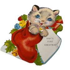 VTG 1950s Diecut Babys 1st Christmas Cards Cat Kitten in Stocking USA Kitsch picture