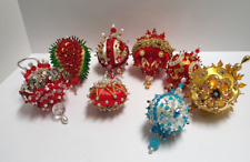 Vintage Ornate Push Pin Sequin Beaded Satin Christmas Ornaments Set Of 8 picture