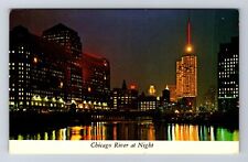 Chicago IL-Illinois, Chicago River At Night, Antique, Vintage Postcard picture