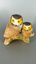 VINTAGE PAIR ENESCO HAND PAINTED BROWN HORNED OWL PERCHED ON LOG FIGURINE  picture