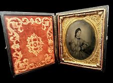 Antique Tin Type Photo Of Young Civil War Era Woman Tooled Leather Case W/Velvet picture
