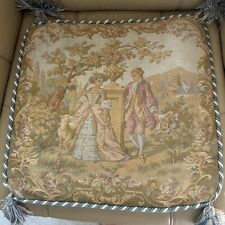 1980 Upholstered Tapestry Pillow Handmade Aubusson Gallant. 18x18” Restored picture