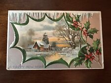 Vintage Holiday Postcard “A HAPPY NEW YEAR” 1910 Embossed Holly House H34 picture