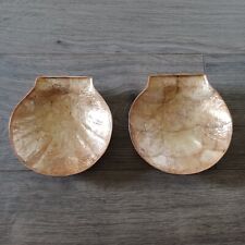 VINTAGE SET OF 2 SMALL CAPIZ MOTHER OF PEARL SCALLOPED SHALLOW GOLD SHELL BOWLS picture