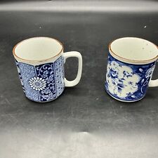 VTG Pair Of Japan Speckled Stoneware Blue Floral Pattern Coffee Mugs picture