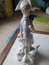 LLADRO #4510 GIRL WITH UMBRELLA AND GEESE TALL BISQUE FIGURINE REPAIRED picture