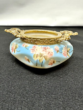 C F Monroe Co Nakara Glass Pin Box, Blue with Hand Painted Flowers Brass Handles picture