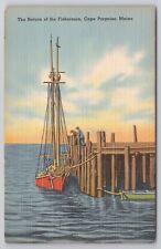 1930-45 Postcard The Return Of The Fishermen Cape Porpoise Maine Sailboat picture