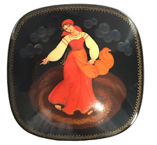 VTG Russian Hand Painted on Enamel Pretty Lady Throwing Seeds Metal Trinket Box picture