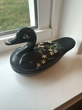 Vintage Black Lacquered Wooden Duck Trinket Box Hand Painted picture