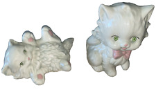 Vintage Ceramic Kittens Green Eyes Lot of 2 White with pink bow picture